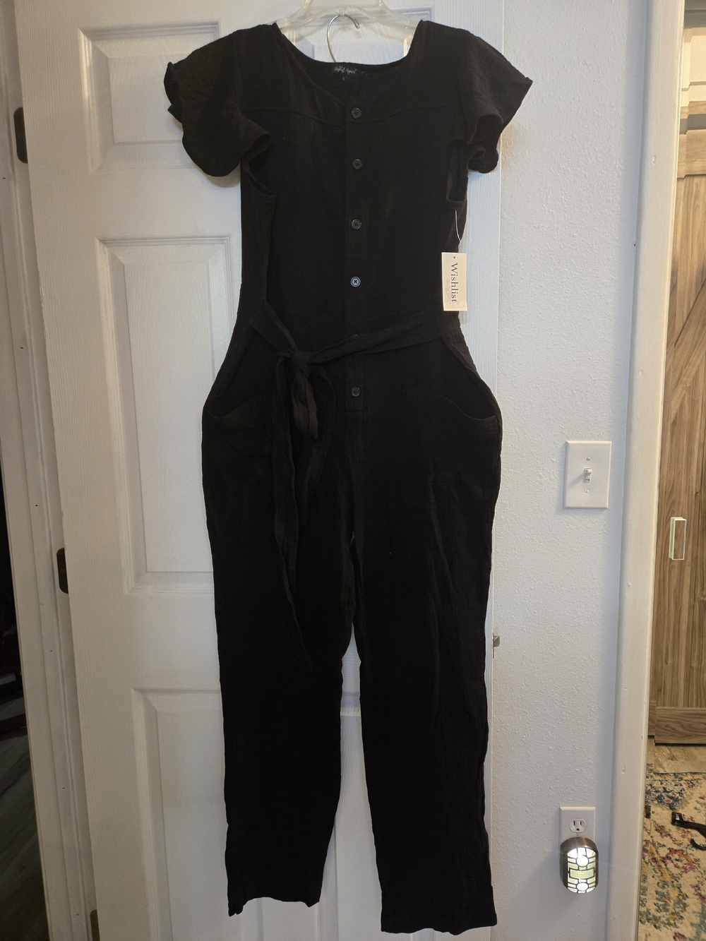 Wishlist Black Button-Front Jumpsuit with Tie Waist and Pockets. 100%cotton